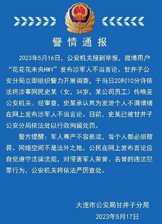 連警方通報：涉軍人不當言論發布者被行拘，個人言行受到嚴懲